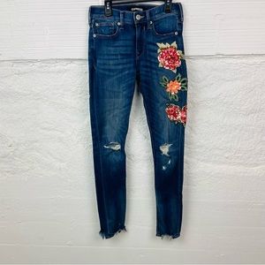 EXPRESS denim stretch skinny legging mid rise embellished sequence, floral jeans